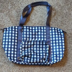 Foldable Checkered Tote Bag - Navy and White